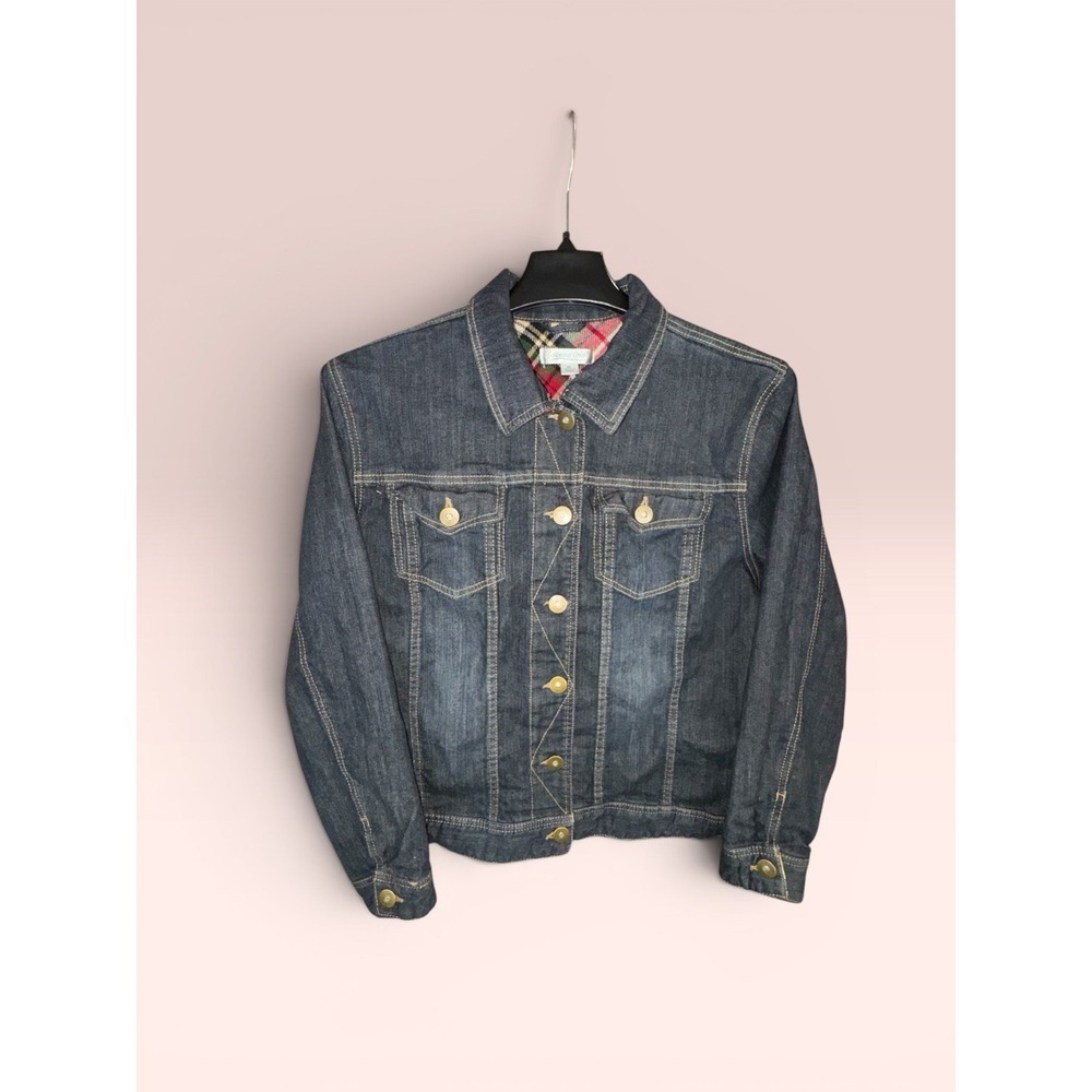Coldwater Creek Long Sleeve Dark Blue Denim Trucker Style Jacket XL Plaid Accent